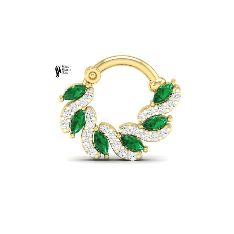 Solid Gold Emerald Septum Clicker, Marquise Emerald and Diamond Daith Piercing, 14k/18k Gold Leaf Vine Nose Ring, Luxury Marquise Jewelry for Her