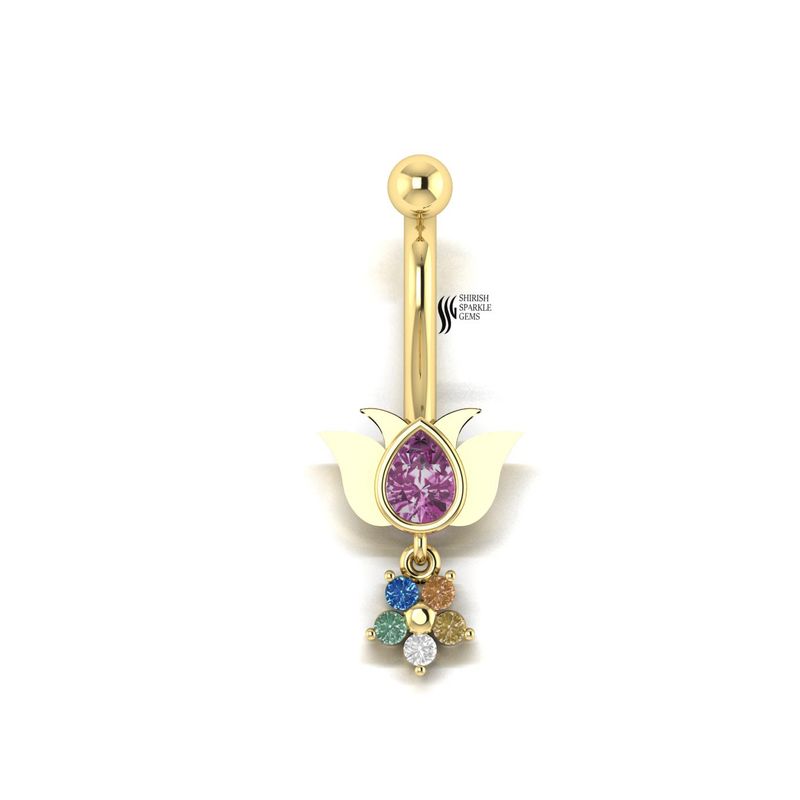 Solid Gold Lotus Flower Belly Ring with Pink Sapphire Pear and Multi-Color Dangle - Shirish Sparkle Gems Luxury Body Jewelry