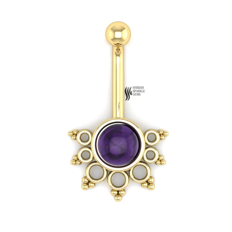 14k Solid Gold Amethyst Belly Ring, Purple Cabochon Navel Piercing, Ornate Beaded Mandala Belly Button Ring