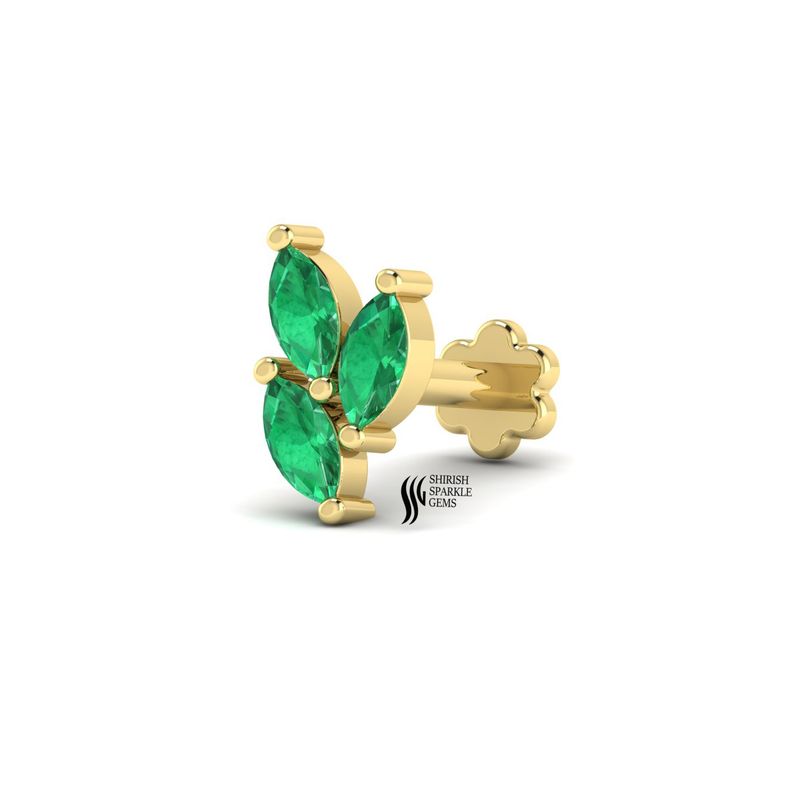 Emerald Nose Stud, Marquise Emerald Leaf Piercing, Flat Back Labret, Botanical Green Gemstone Nose Pin, Helix Tragus Jewelry