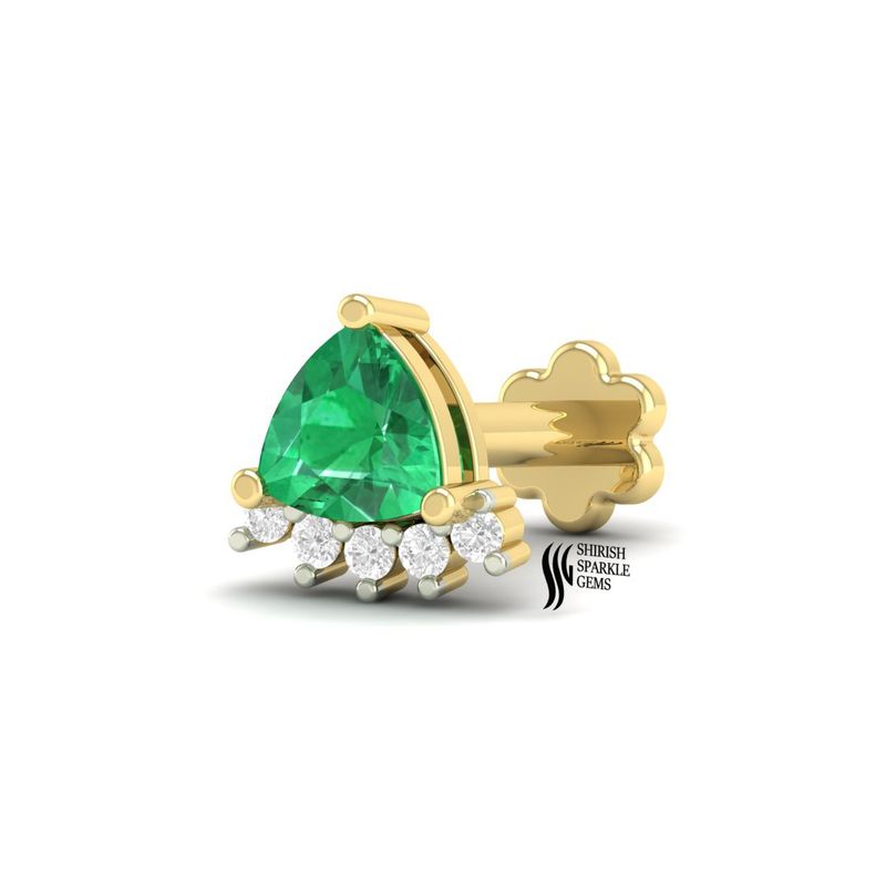 Emerald and Diamond Nose Stud, Trillion Cut Emerald Piercing, Flat Back Labret, Crown Design Nose Pin, Tragus Helix Jewelry