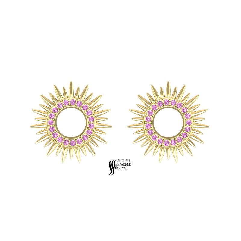 14k Solid Gold Pink Sapphire Ear Tunnels, Sunburst Halo Gauge Plugs, Luxury Stretched Ear Jewelry, Handcrafted Gemstone Tunnels, Pair of Gold Gauges