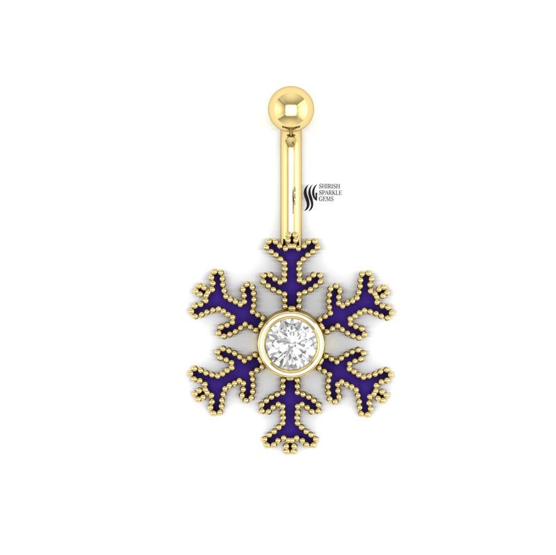 Gold Snowflake Belly Ring, Lab Grown Diamond Navel Piercing, Purple Enamel Winter Jewelry, Beaded Gold Christmas Gift for Her