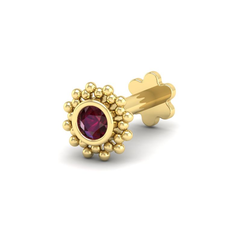 Gold Ruby Nose Stud, Round Red Ruby Flower Piercing, Flat Back Labret, Beaded Sunburst Nose Pin, Helix Tragus Jewelry
