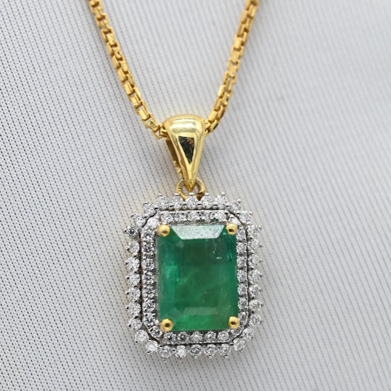 Gold Cushion-Cut Natural Emerald & Double Diamond Halo Pendant Necklace