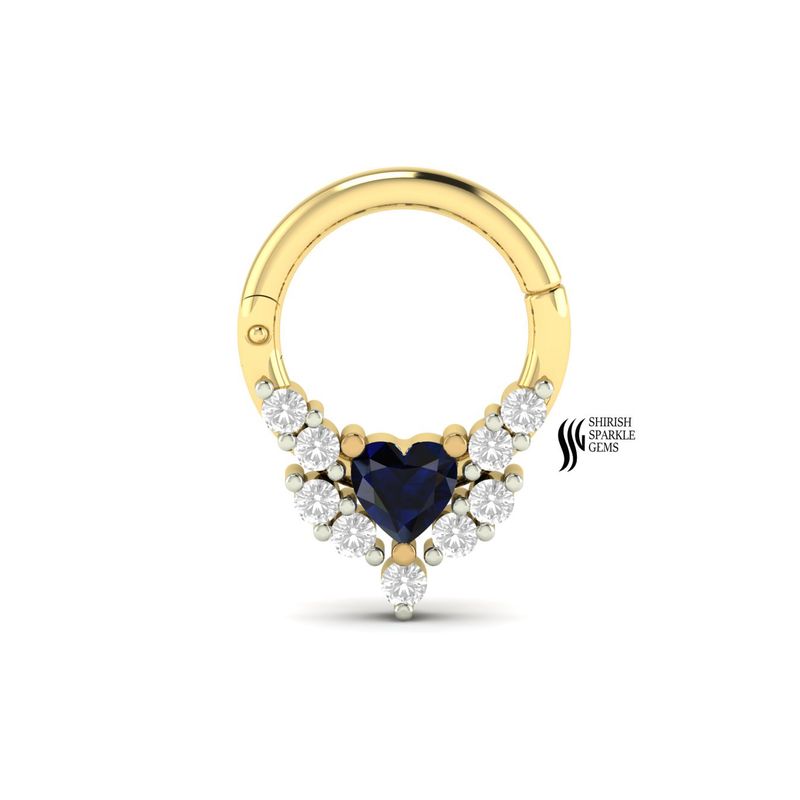 Gold Heart-Cut Blue Sapphire & Diamond Septum Clicker â Luxury Nose Ring Gift