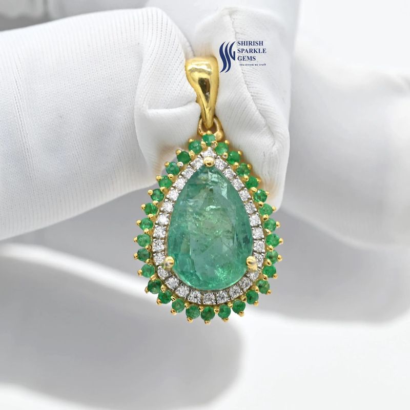 Gold Pear-Cut Natural Emerald & Double Halo Diamond Pendant â Luxury May Birthstone Gift