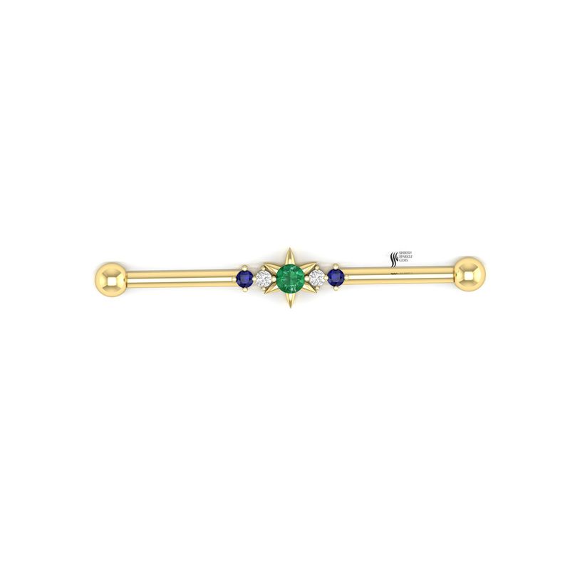 Gold Celestial Star Industrial Barbell â Real Emerald, Sapphire & Diamond Scaffolding Earring â Luxury Body Jewelry