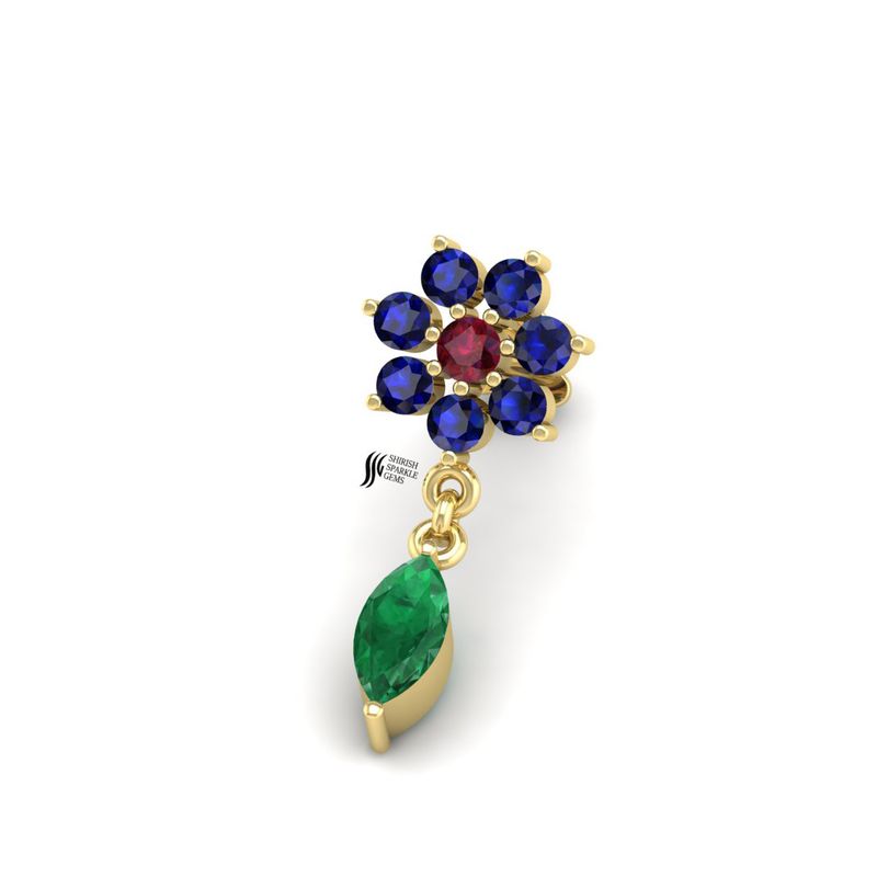 Gold Flower Nose Pin â Natural Emerald, Sapphire & Ruby Dangle Nose Stud â 18K Gold Floral Piercing Jewelry â Unique Multi-Gemstone Nose Bone
