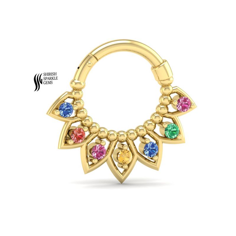 Multi-Gemstone Septum Clicker â Rainbow Lotus Petal Nose Ring â Real Emerald, Sapphire & Ruby Daith Hoop â Luxury Boho Piercing Gift