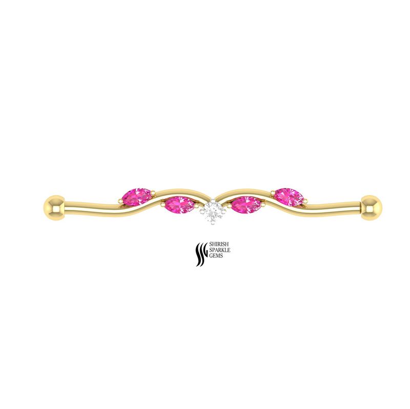 Solid Gold Pink Sapphire & Diamond Industrial Barbell â 14k/18k Wavy Scaffold Piercing