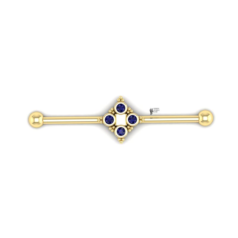 Handmade Solid Gold Blue Sapphire Industrial Barbell | Luxury Jewelry Gift for Her