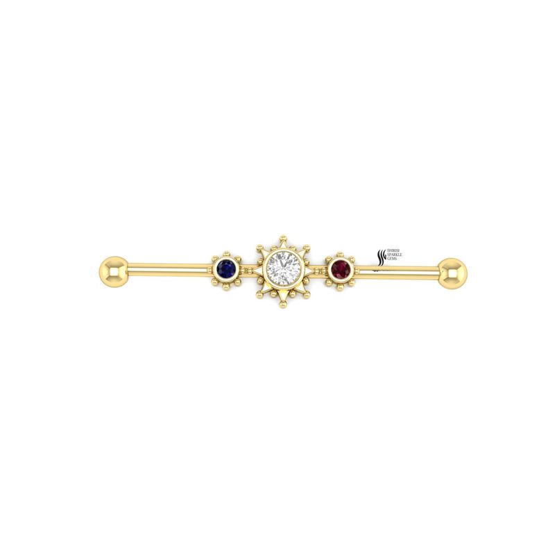 Celestial Sun & Star Solid Gold Industrial Barbell | Diamond, Ruby & Sapphire Fine Body Jewelry