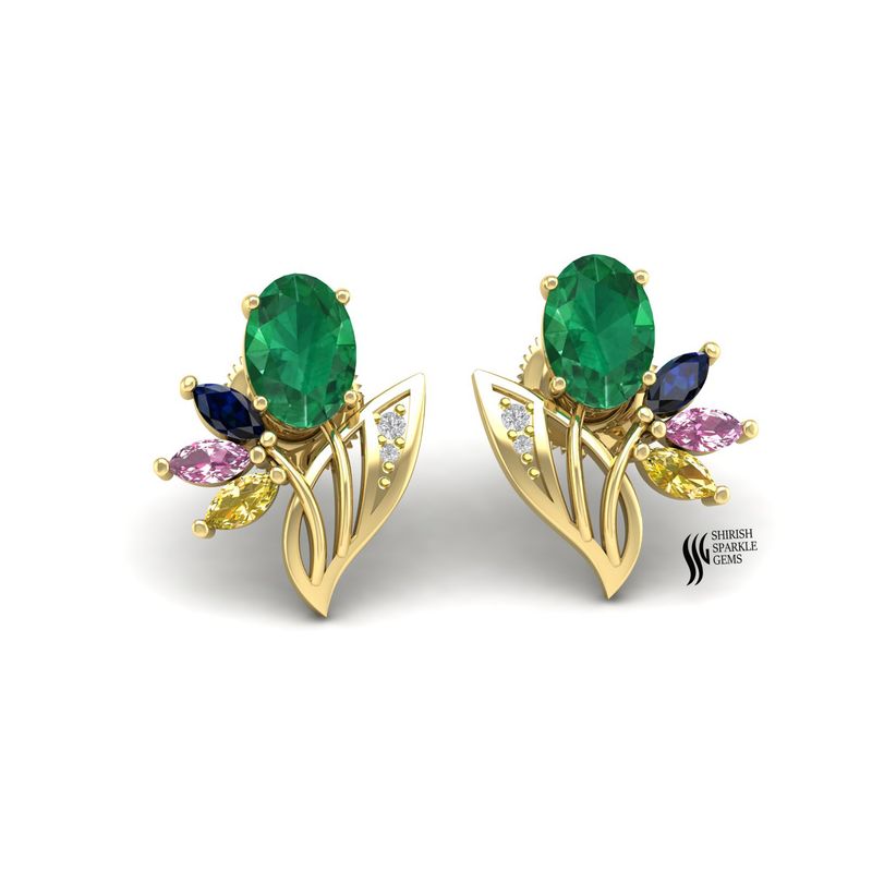 Solid Gold Diamond & Emerald Floral Cluster Earrings â 14k/18k Multi-Gemstone Bouquet Studs
