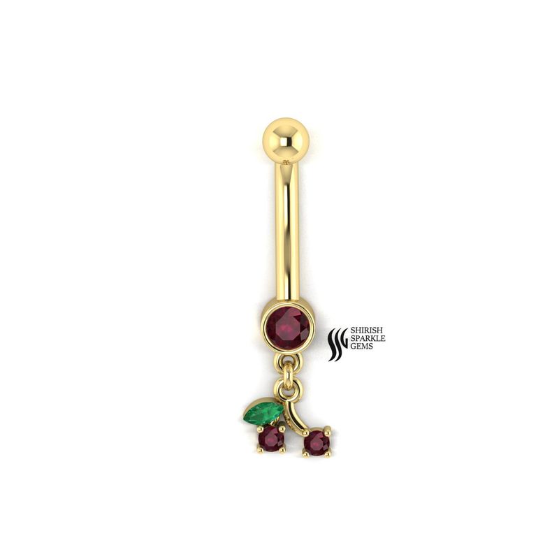 Gold Cherry Dangle Navel Ring â 14k/18k Real Gold Ruby & Emerald Belly Button Ring