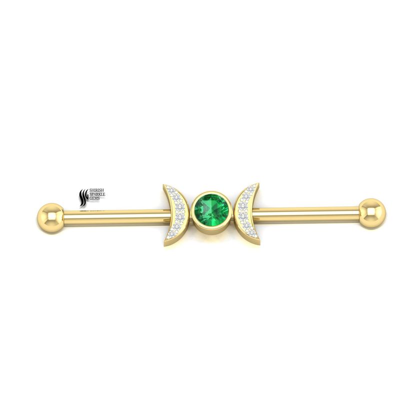 Gold Triple Moon Emerald & Diamond Industrial Barbell â 14k/18k Triple Goddess Scaffold Ring