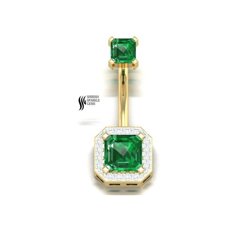 Emerald & Diamond Halo Navel Ring â 14k/18k Real Gold Emerald-Cut Belly Piercing