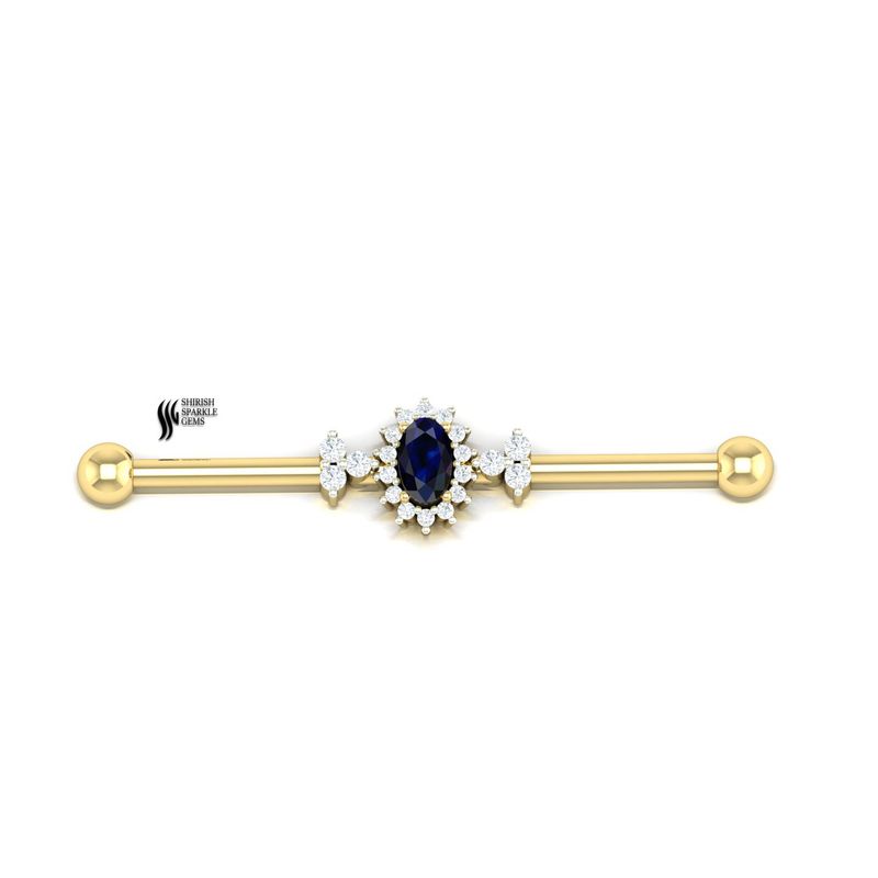 Blue Sapphire & Diamond Halo Industrial Barbell â 14k/18k Real Gold Royal Scaffold Piercing