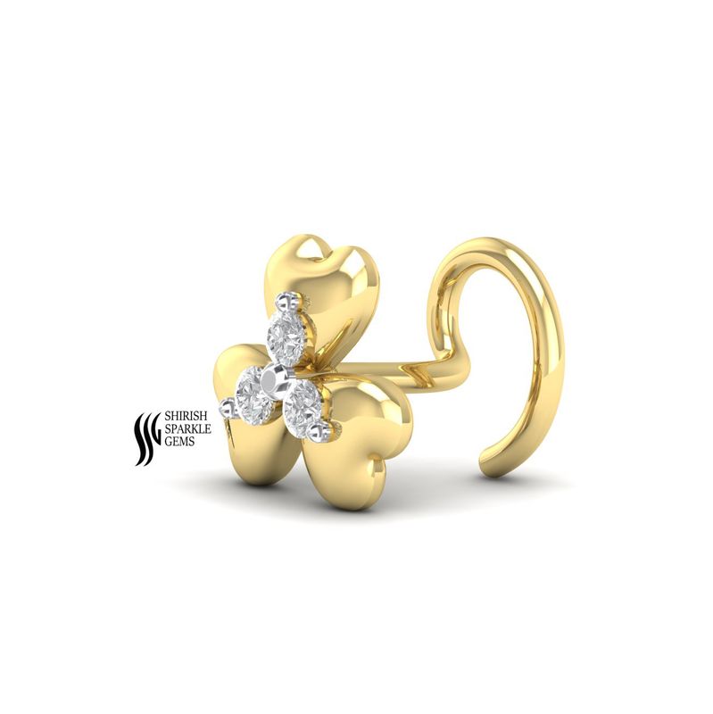 Gold Triple Heart Diamond Nose Pin | Natural Diamond Clover Nose Stud | Unique Heart Leaf Piercing Jewelry |