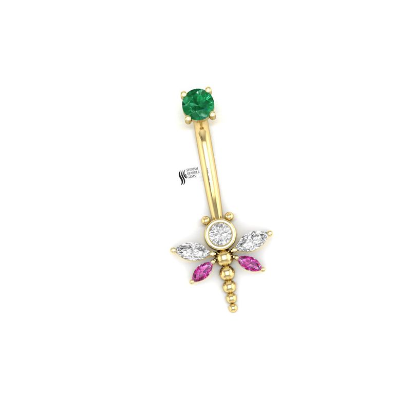 Dragonfly Belly Button Ring | Natural Emerald, Pink Sapphire & Diamond Navel Piercing | Enchanting Gemstone Body Jewelry |