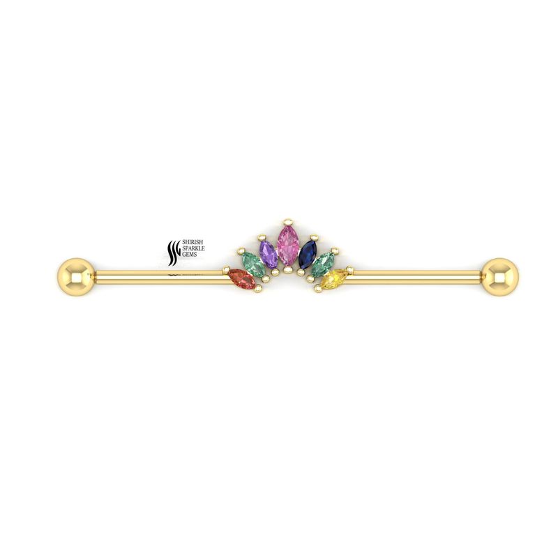Multi-Gemstone Industrial Barbell â¢ Rainbow Sapphire & Pink Sapphire Marquise Cluster Piercing â¢ Unique Scaffold Earring â¢ Gift for Her