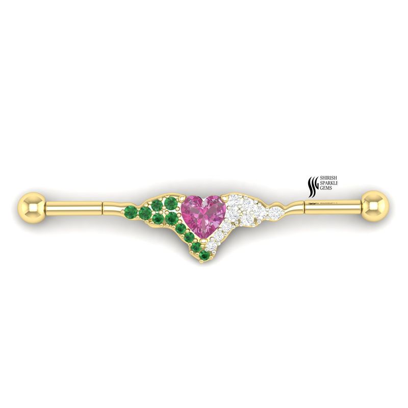 Heart Pink Sapphire Industrial Barbell â¢ Emerald and Diamond Wing Scaffold Piercing â¢ Romantic Heart Jewelry â¢ Unique Gift for Her