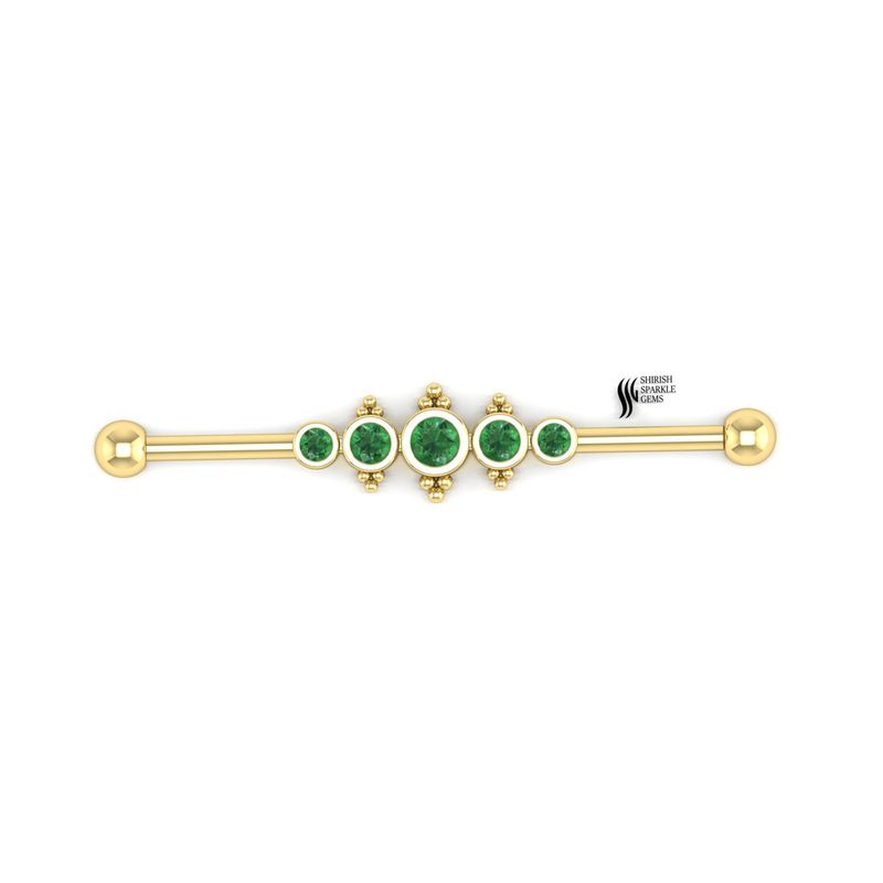 Emerald Industrial Barbell â¢ Five Stone Bezel Set Emerald Scaffold Piercing â¢ Granulated Gold Earring â¢