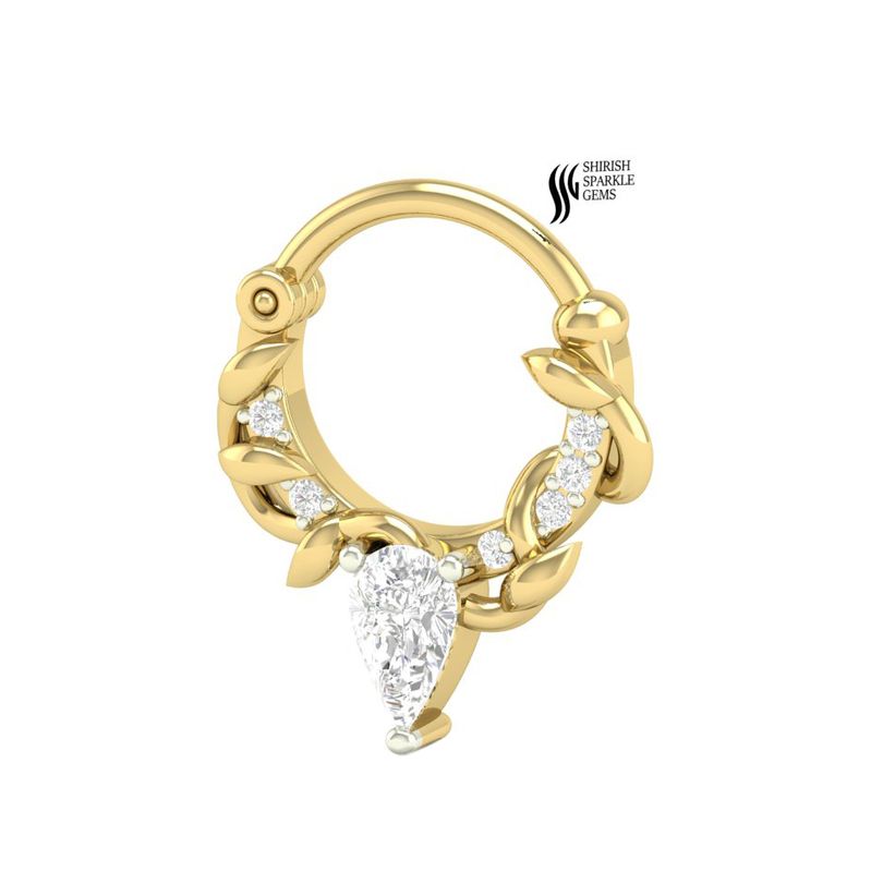 Pear-Cut Diamond Leaf Septum Clicker Gold Nose Ring - Dainty Hoop