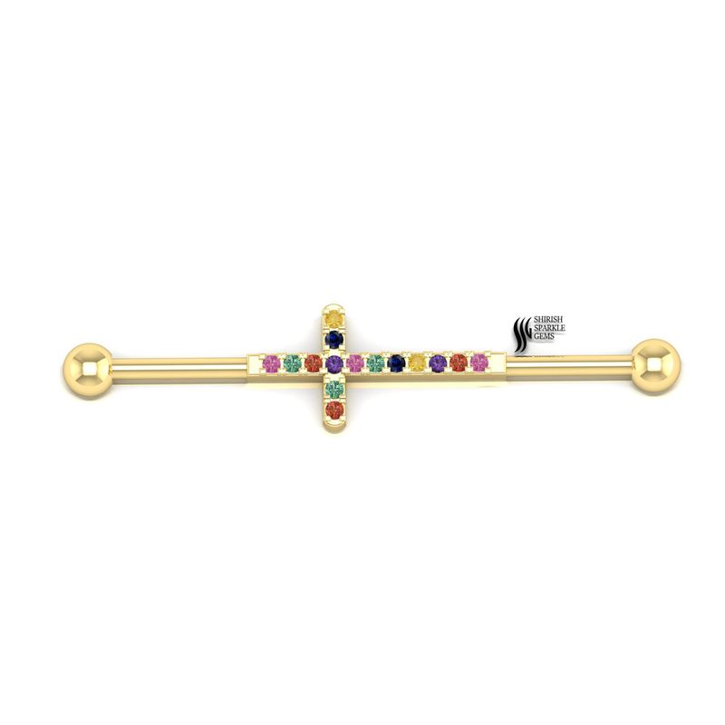 Gold Multi-Gemstone Cross Industrial Barbell â¢ Rainbow Sapphire and Ruby Cross Scaffold Piercing â¢ Colorful Religious Jewelry â¢