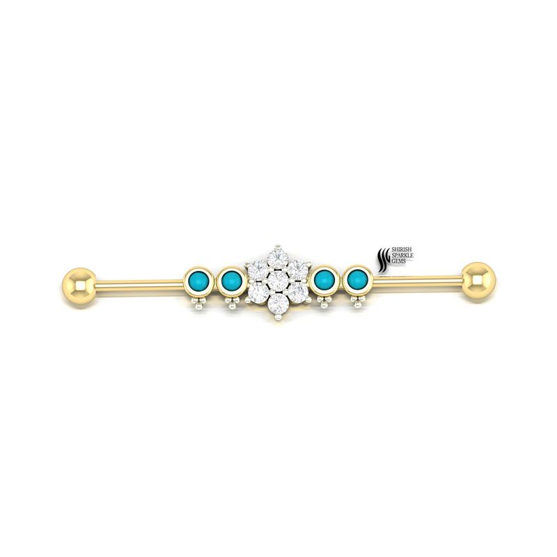 Turquoise and Diamond Flower Industrial Barbell â¢ Moissanite Floral Cluster Scaffold Piercing â¢ Boho Luxe Ear Jewelry
