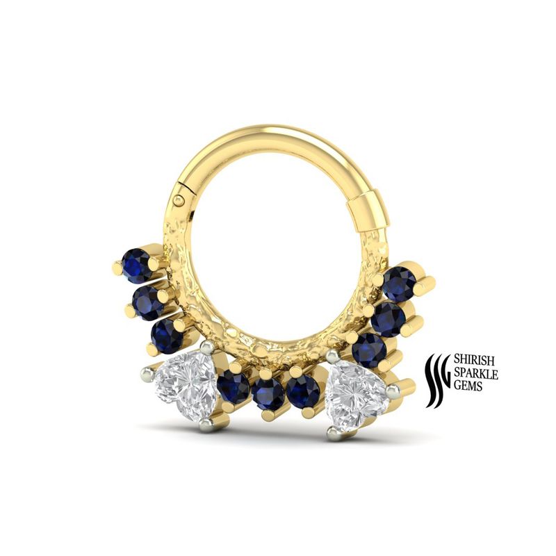 Elegant Heart Cut Diamond & Blue Sapphire 14k Gold Septum Nose ring