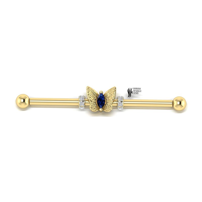 Butterfly Industrial Barbell â¢ Blue Sapphire Marquise Butterfly Scaffold Piercing â¢ Diamond Accent Earring â¢ Botanical Luxury Gift for Her