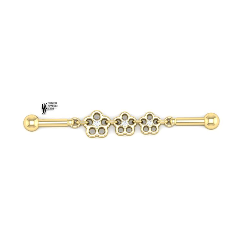 Natural Gold Triple Flower Chain Industrial Barbell â¢ Diamond Center Floral Scaffold Piercing â¢ Dainty Floating Flower Earring
