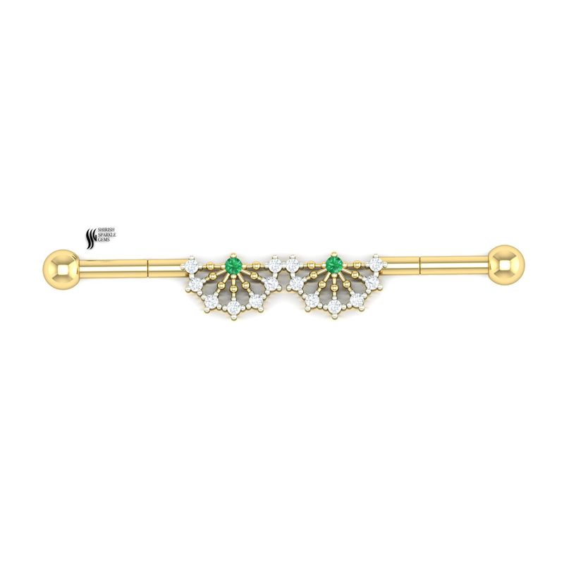 Gold Double Fan Emerald Industrial Barbell â¢ Diamond Art Deco Scaffold Piercing â¢ Emerald and Diamond Sunburst Earring â¢