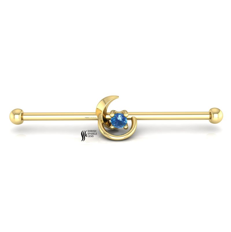 Solid Gold Blue Sapphire Moon Industrial Barbell - Celestial Crescent Moon Scaffold Piercing - Luxury Real Gold Body Jewelry