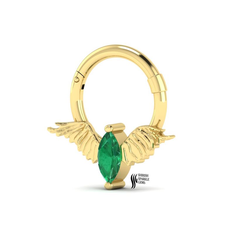 Emerald Winged Clicker Septum Gold Nose Ring, Unique Gift for Her