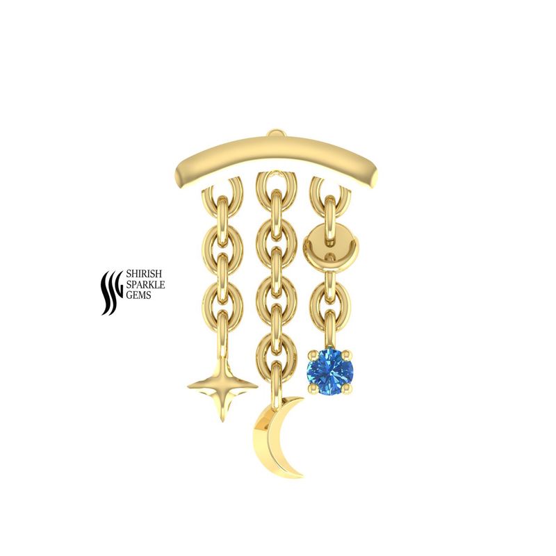 Gold Celestial Chandelier Flat Piercing - Blue Sapphire Moon and Star Dangle Earring - Luxury Helix Cartilage Jewelry