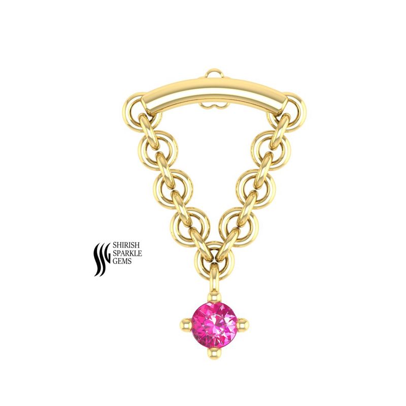 Gold Pink Sapphire Dangle Flat Piercing - Natural Pink Gemstone Chain Earring - Luxury Helix Cartilage Jewelry Gift