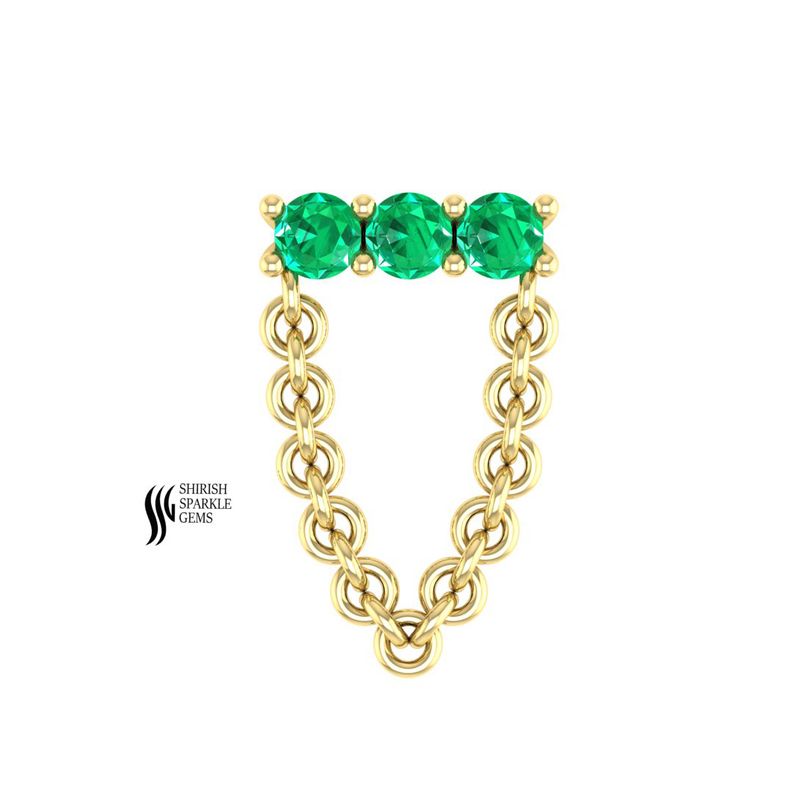 Emerald Chain Drape Flat Piercing - Triple Emerald Natural Gemstone Cartilage Earring - Luxury Helix Dangle Jewelry