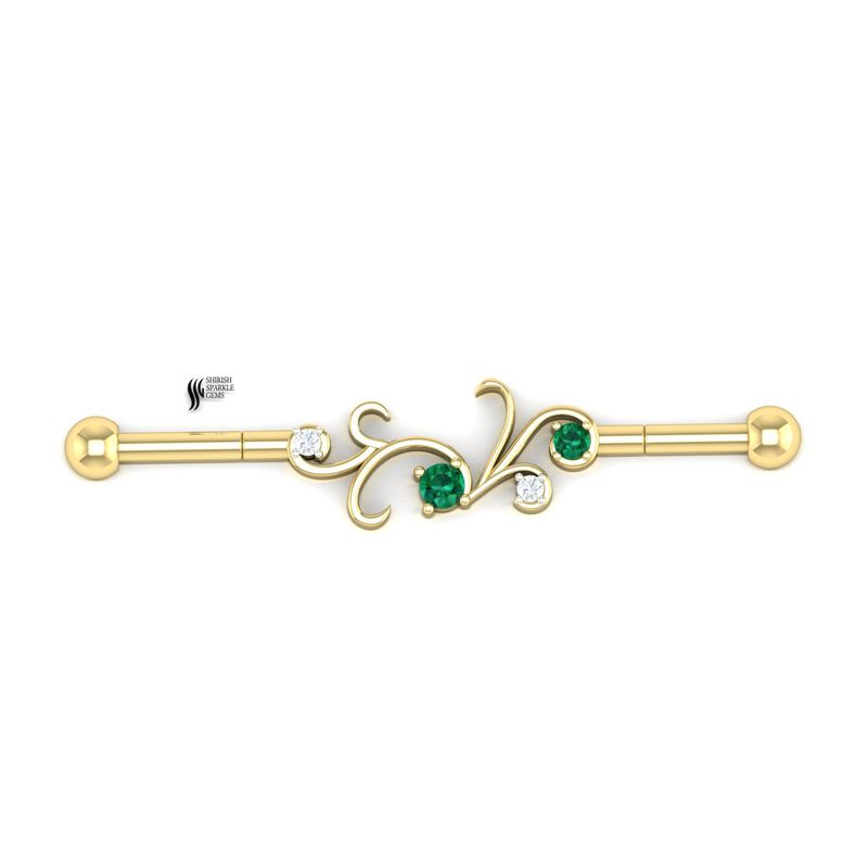 Gold Filigree Industrial Barbell Natural Diamond and Emerald Scaffold Piercing Jewelry