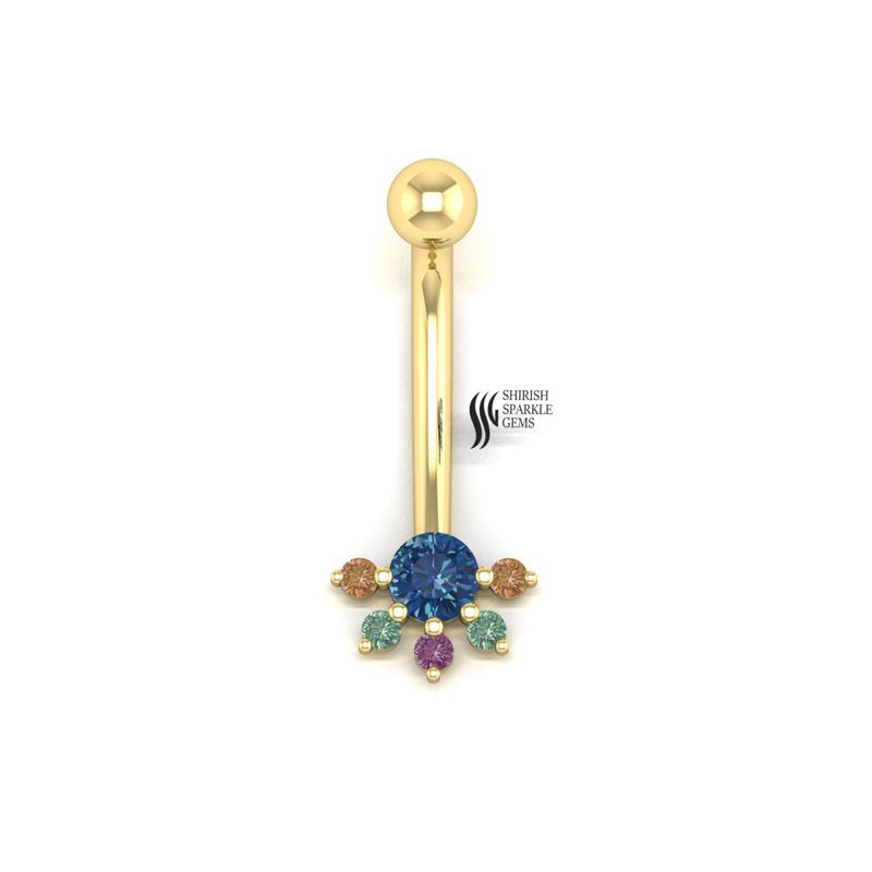Gold Multi-Sapphire Navel Ring Blue Sapphire Cluster Curved Belly Button Piercing Jewelry