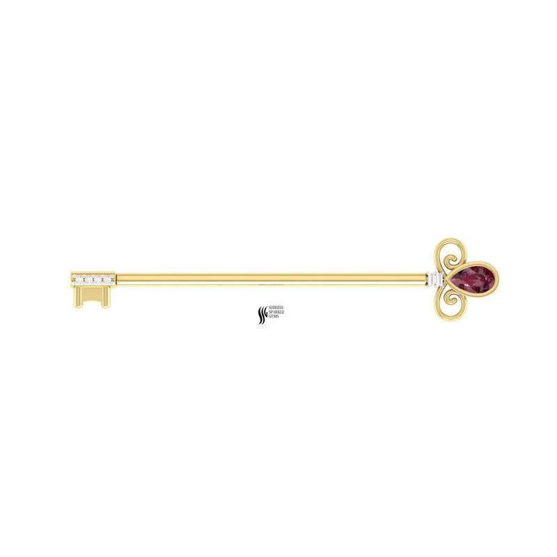 Gold Key Industrial Barbell Natural Ruby and Diamond Scaffold Piercing Jewelry