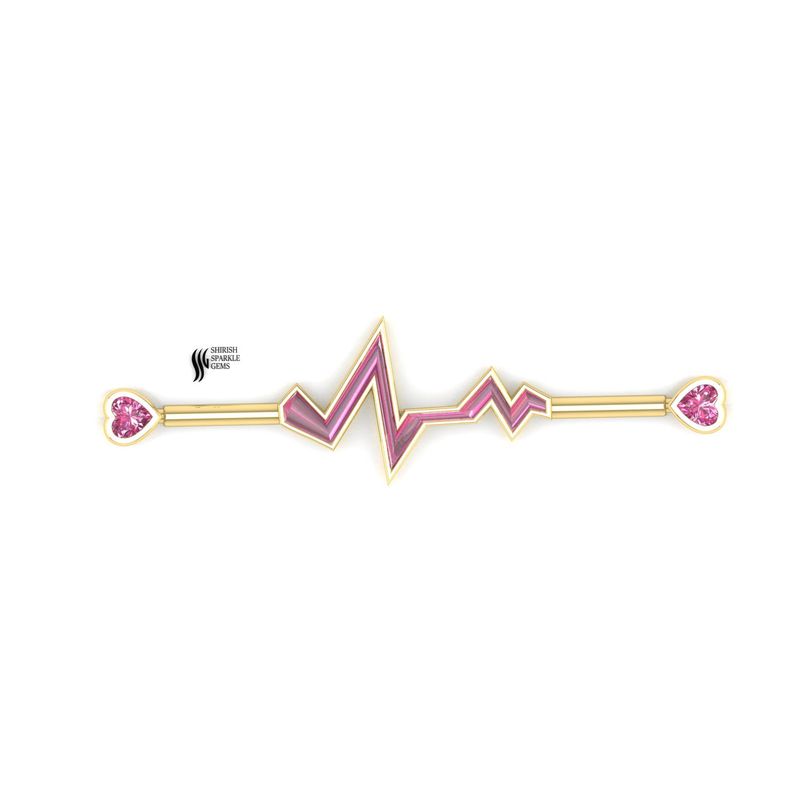Gold Heartbeat EKG Industrial Barbell Pink Sapphire Heart Scaffold Piercing Jewelry