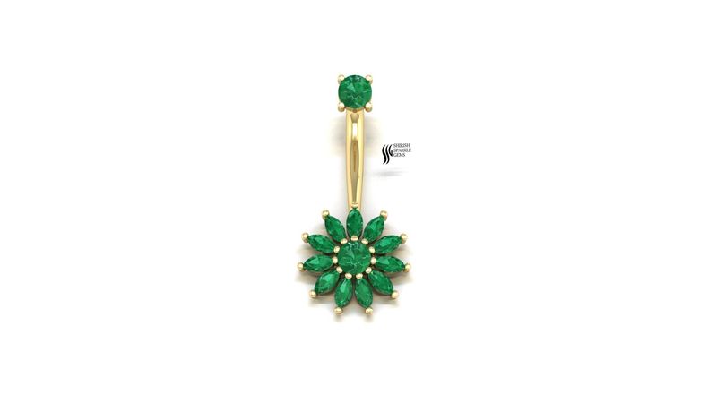 Emerald Flower Navel Ring Natural Emerald Marquise Cluster Curved Belly Button Piercing