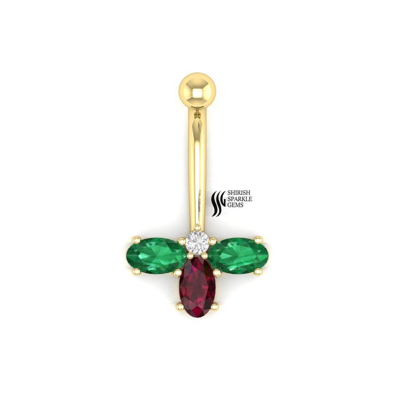 Gold Ruby Emerald and Diamond Navel Ring Natural Gemstone Cluster Curved Belly Button Piercing