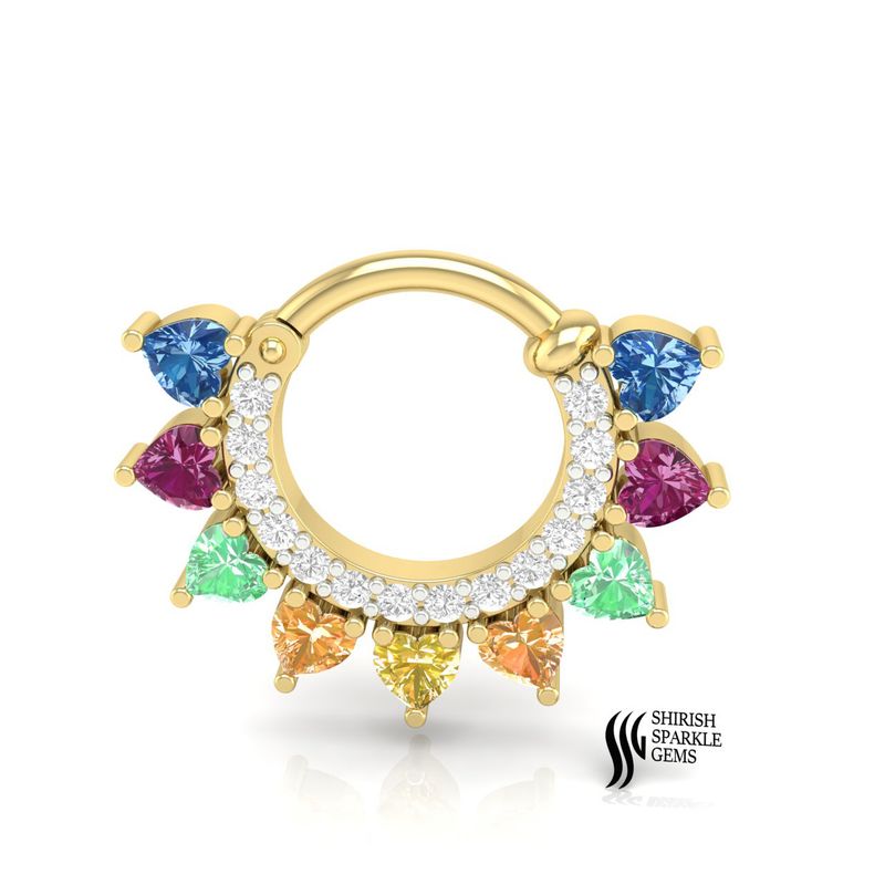 Gold Multi-Sapphire Heart Septum Clicker Natural Diamond Rainbow Nose Ring Jewelry