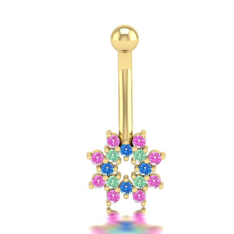 Multi-Sapphire Flower Navel Ring Natural Rainbow Gemstone Cluster Curved Belly Button Piercing