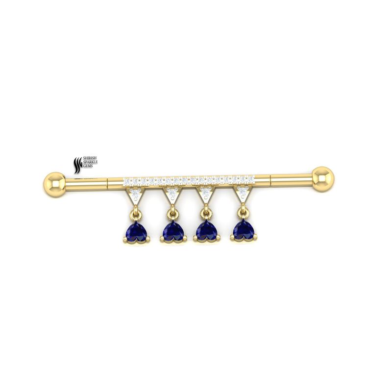 Blue Sapphire and Diamond Charm Industrial Barbell Heart Dangle Scaffold Piercing Gift