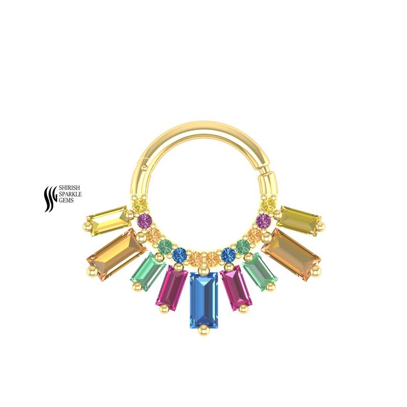 Gold Multi Sapphire Septum Clicker â¢ Rainbow Baguette Gemstone Daith Ring â¢ Art Deco Sunburst Body Jewelry