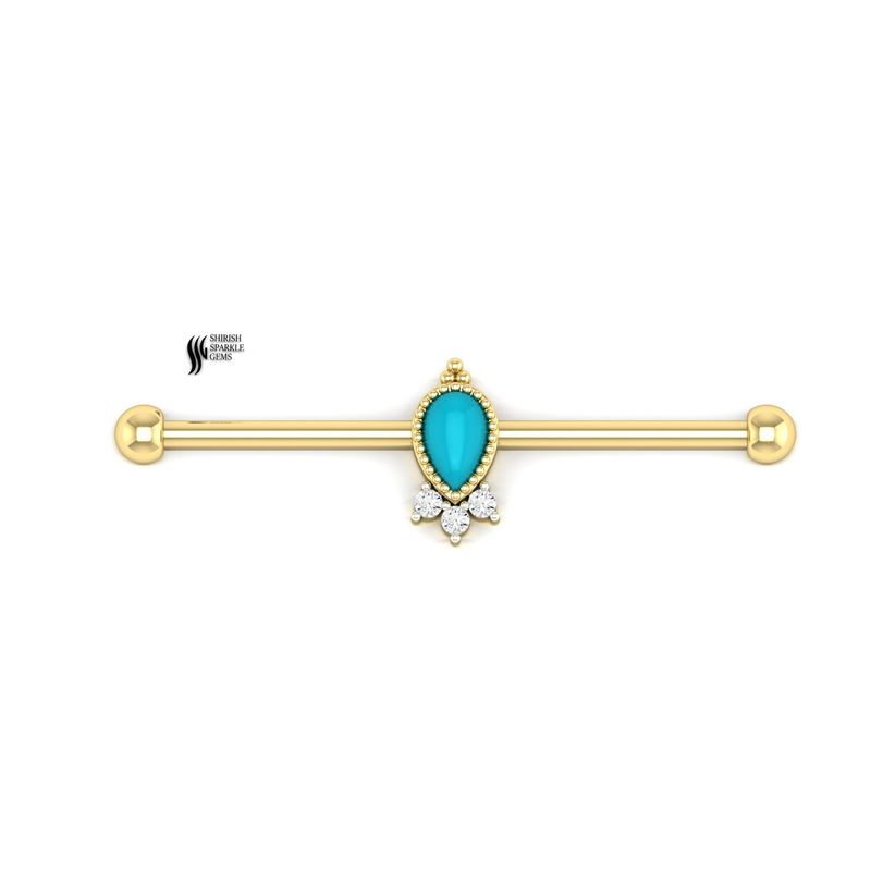 Solid Gold Turquoise and Lab Diamond Pear Industrial Barbell Piercing